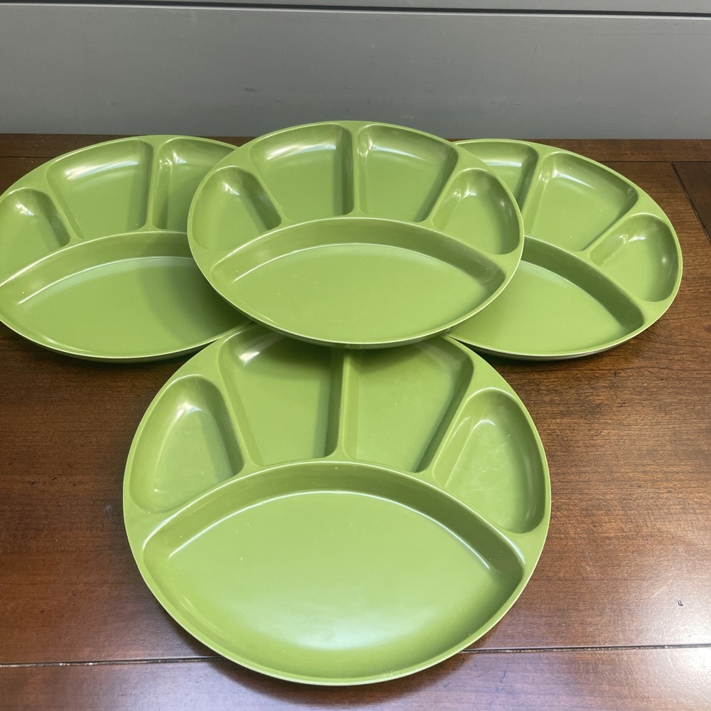 Vintage Fondue Divided Sushi Green Plastic Melamine Party Dining Plates 4 mcm